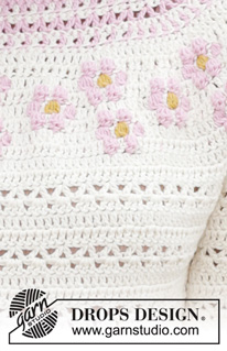 Petite Fleur Cardigan / DROPS 188-7 - Jacket with multi-coloured pattern, flowers and round yoke, crocheted top down with 3/4 long sleeves. Size: S - XXXL Piece is crocheted in DROPS Cotton Merino.