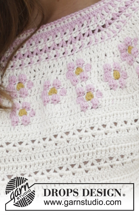 Petite Fleur / DROPS 188-8 - Sweater with multi-colored pattern, flowers and round yoke, crocheted top down with 3/4 long sleeves. Size: S - XXXL Piece is crocheted in DROPS Merino Extra Fine.