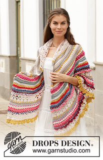 Magic Summer / DROPS 190-1 - Gehäkeltes Tuch mit Strukturmuster und Streifen, gehäkelt von oben nach unten. Die Arbeit wird gehäkelt in DROPS Cotton Merino.