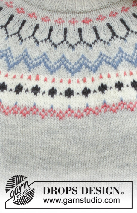 Mina Pullover / DROPS 191-22 - Maglione ai ferri con sprone rotondo, motivo jacquard norvegese e forma ad A, lavorato dall’alto verso il basso (top down). Taglie: Dalla S alla XXXL. Il maglione è lavorato in DROPS Flora.