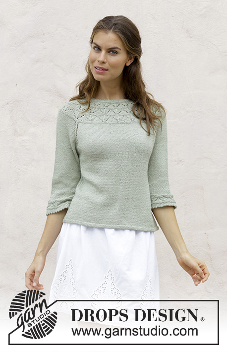 Summer Evening Jumper / DROPS 191-24 - Pulovr s kruhovým sedlem s krajkovým vzorem a ¾ rukávem, pletený shora dolů z příze DROPS BabyAlpaca Silk. Velikost S - XXXL.