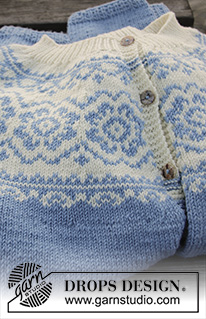Periwinkle Jacket / DROPS 191-29 - DROPS Merino Extra Fine lõngast ülevalt alla kootud mitmevärvilise mustriga, A-lõikega ja ümara passega kardigan suurustele S kuni XXXL