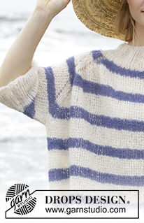 Riviera Stripes / DROPS 191-30 - Pruhovaný raglánový pulovr se strukturovým vzorem pletený shora dolů z příze DROPS Brushed Alpaca Silk. Velikost S - XXXL.
