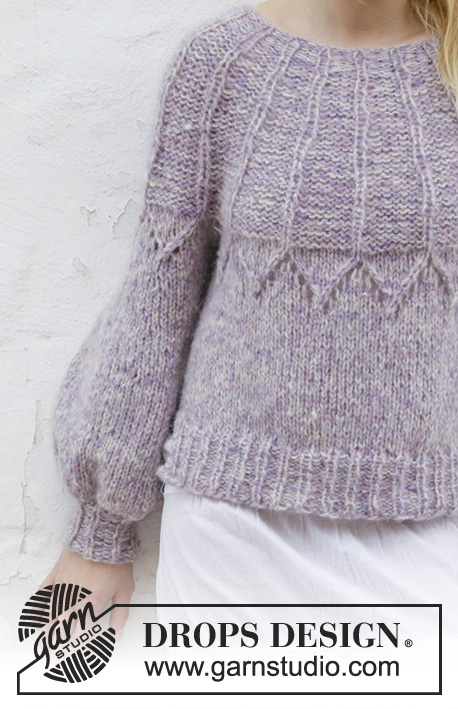 Fair Lily / DROPS 191-4 - Maglione lavorato ai ferri con motivo traforato e sprone rotondo, lavorato dall’alto in basso. Taglie: S - XXXL. Lavorato in DROPS Brushed Alpaca Silk e DROPS Air.
