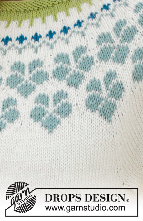 Myosotis / DROPS 191-9 - Pull tricoté de haut en bas, avec empiècement arrondi, jacquard norvégien et manches 3/4 avec volants, en DROPS Cotton Merino. Du S au XXXL