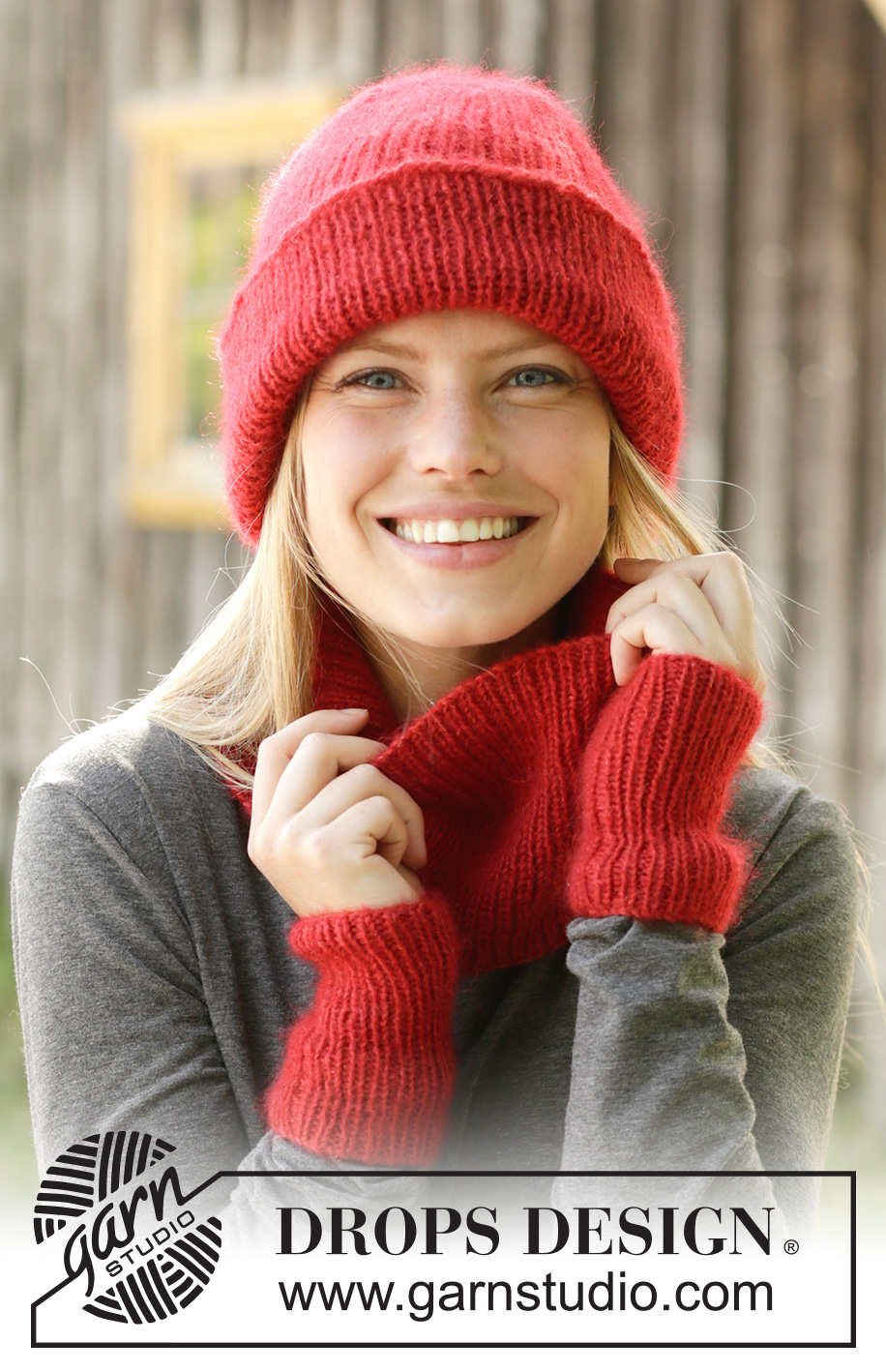 Crimson Crush / DROPS 192-45 - Knitted hipster hat in 1 strand DROPS Flora and 1 strand DROPS Kid-Silk. Piece is knitted in rib. 
Knitted neck warmer in 1 strand DROPS Flora and 1 strand DROPS Kid-Silk. Piece is knitted in rib with vent. 
Knitted wrist warmers in 1 strand DROPS Flora and 1 strand DROPS Kid-Silk. Piece is knitted in rib.