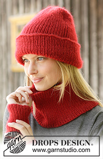 Crimson Crush / DROPS 192-45 - Knitted hipster hat in 1 strand DROPS Flora and 1 strand DROPS Kid-Silk. Piece is knitted in rib. 
Knitted neck warmer in 1 strand DROPS Flora and 1 strand DROPS Kid-Silk. Piece is knitted in rib with vent. 
Knitted wrist warmers in 1 strand DROPS Flora and 1 strand DROPS Kid-Silk. Piece is knitted in rib.