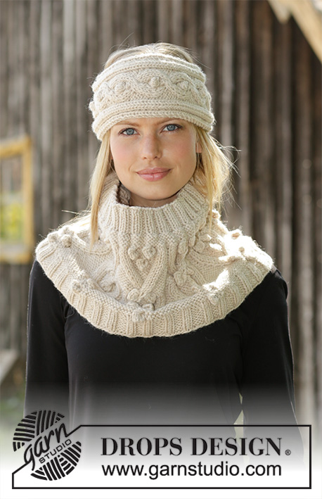Snødrive / DROPS 192-56 - Knitted head band in DROPS Nepal. The piece is worked sideways with cables and bobbles. 
Knitted neck warmer in DROPS Nepal. The piece is worked with cables and bobbles. 
Knitted mittens in DROPS Nepal. The piece is worked with cables and bobbles.