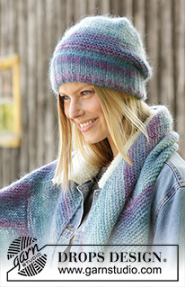 Casually Cozy / DROPS 192-6 - Gestrickte Mütze und Schal in DROPS Delight und DROPS Kid-Silk. Die Mütze wird kraus rechts und im Rippenmuster gestrickt und der Schal wird kraus rechts mit Winkeln gestrickt.