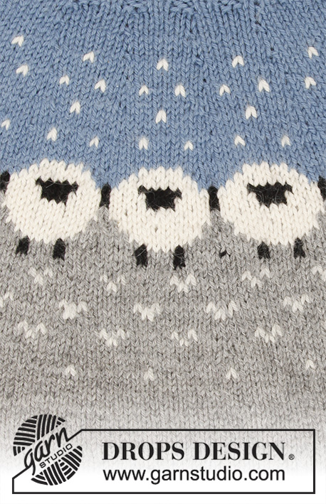 Sheep Happens! / DROPS 194-2 - DROPS Merino Extra Fine või Lima lõngast ülevalt alla kootud ümara passega mitmevärvilise lamba mustriga džemper suurustele S kuni XXXL