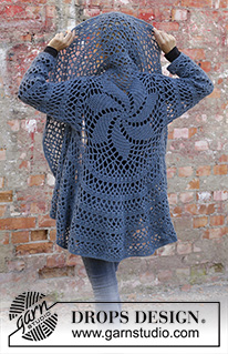 Blue Helix / DROPS 194-36 - Circle crocheted jacket in 1 strand DROPS Nord + 1 strand DROPS Kid-Silk. Piece is worked with lace pattern. Size: S – XXXL