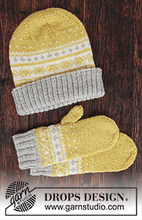Lemon Pie Set / DROPS 195-12 - Čepice s ohrnutým lemem a norským vzorem pletená z příze DROPS Karisma. 
Rukavice – palčáky s norským vzorem pletené z příze DROPS Karisma.