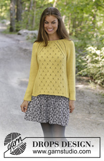 Canari / DROPS 195-16 - Strikket bluse med raglan i DROPS Karisma. Arbejdet er strikket oppefra og ned med hulmønster. Størrelse S - XXXL