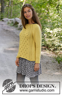Canari / DROPS 195-16 - Strikket bluse med raglan i DROPS Karisma. Arbejdet er strikket oppefra og ned med hulmønster. Størrelse S - XXXL