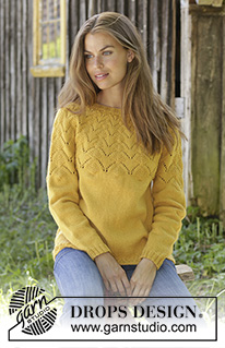 Golden Fairy / DROPS 195-22 - Strikket bluse i DROPS Lima eller DROPS Cotton Merino. Arbejdet er strikket med rundt bærestykke og hulmønster. Størrelse S - XXXL.