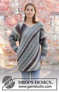 Raven / DROPS 195-26 - Neulottu pusero DROPS Big Delight -langasta. Työ neulotaan eri suuntiin ja työssä on ainaoikeinneuletta ja raitoja. Koot S-XXXL.