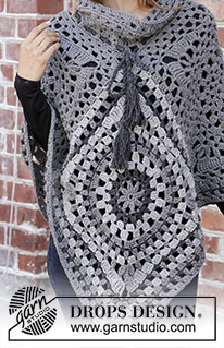 Serena / DROPS 195-35 - Crocheted poncho in DROPS Nepal. The piece is worked with crochet squares, lace pattern and stripes. Sizes S - XXXL.