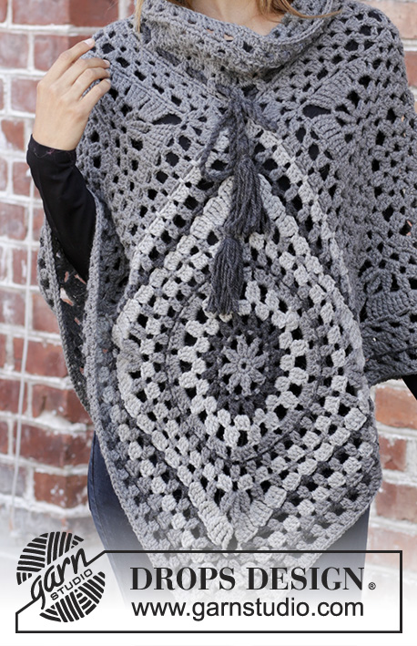 Serena / DROPS 195-35 - Crocheted poncho in DROPS Nepal. The piece is worked with crochet squares, lace pattern and stripes. Sizes S - XXXL.