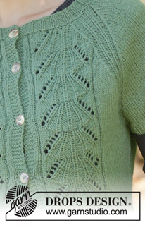 Green Luck Cardi / DROPS 196-12 - Cardigan aderente lavorato ai ferri in DROPS Flora. Lavorato con motivo traforato, raglan e maniche corte. Taglie: S - XXXL.