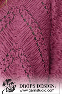 Flora Viola / DROPS 196-20 - Crocheted sweater with raglan in DROPS Puna. Piece is crocheted top down in an angle with fans, lace pattern and A-shape. Size: S - XXXL
