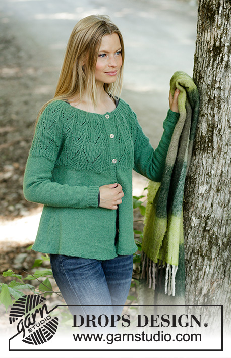 Green Echo Jacket / DROPS 196-27 - Knitted jacket with round yoke in DROPS Nord. The piece is worked with lace pattern and textured pattern. Sizes S – XXXL.