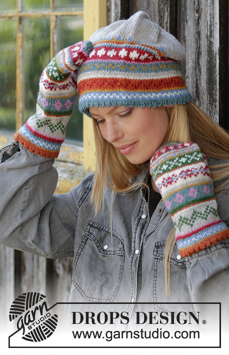Winter Carnival Set / DROPS 196-8 - Strikket hue i DROPS Karisma. Arbejdet er strikket med bukkekant og nordisk mønster.
Strikkede vanter i DROPS Karisma. Arbejdet er strikket med bukkekant og nordisk mønster. 
