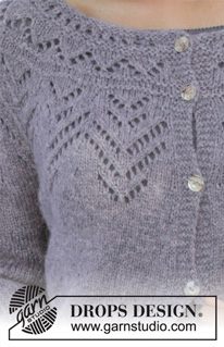 Agnes / DROPS 197-15 - Knitted jacket with round yoke in DROPS Sky. Piece is knitted top down with lace pattern. Size: S - XXXL 
Knitted hat in DROPS Sky with rolling edge.