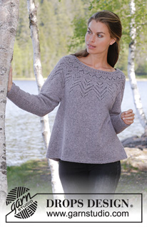 Agnes Sweater / DROPS 197-16 - Knitted jumper with round yoke in DROPS Sky. The piece is worked top down with lace pattern. Sizes S - XXXL.
