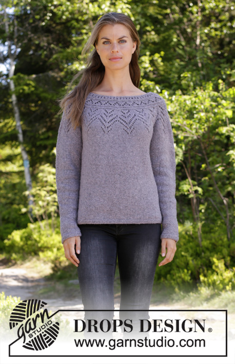 Agnes Sweater / DROPS 197-16 - Knitted jumper with round yoke in DROPS Sky. The piece is worked top down with lace pattern. Sizes S - XXXL.