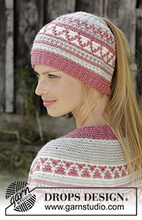 Hint of Heather Hat / DROPS 197-19 - Knitted hat in DROPS Nord. Piece is knitted bottom up in garter stitch, mosaic pattern and opening for ponytail.
