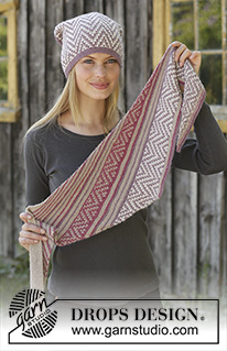Purple Way / DROPS 197-29 - Knitted hat in DROPS Alpaca with mosaic pattern and garter stitch. 
Knitted shawl in DROPS Alpaca with mosaic pattern, garter stitch and stripes.