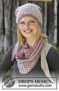 Purple Way / DROPS 197-29 - Knitted hat in DROPS Alpaca with mosaic pattern and garter stitch. 
Knitted shawl in DROPS Alpaca with mosaic pattern, garter stitch and stripes.