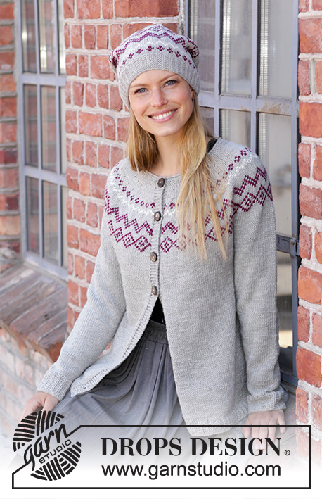Old Mill / DROPS 197-3 - DROPS Merino Extra Fine või DROPS Karisma lõngast kootud tutiga müts ja ülevalt alla kootud ümara passega mitmevärvilise Norra mustriga kardigan suurustele S kuni XXXL