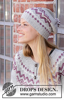 Old Mill / DROPS 197-3 - DROPS Merino Extra Fine või DROPS Karisma lõngast kootud tutiga müts ja ülevalt alla kootud ümara passega mitmevärvilise Norra mustriga kardigan suurustele S kuni XXXL