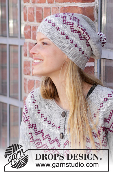 Old Mill / DROPS 197-3 - DROPS Merino Extra Fine või DROPS Karisma lõngast kootud tutiga müts ja ülevalt alla kootud ümara passega mitmevärvilise Norra mustriga kardigan suurustele S kuni XXXL