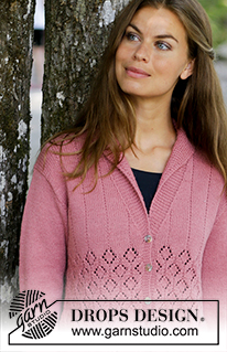Lady Angelika Jacket / DROPS 197-38 - Gestrickte Jacke in DROPS Nord. Die Arbeit wird gestrickt mit Lochmuster und Schalkragen. Größe S - XXXL.