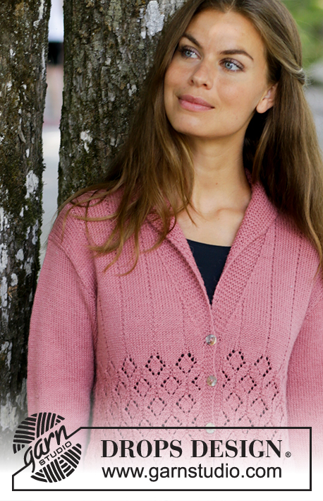 Lady Angelika Jacket / DROPS 197-38 - Gestrickte Jacke in DROPS Nord. Die Arbeit wird gestrickt mit Lochmuster und Schalkragen. Größe S - XXXL.