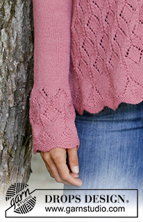 Lady Angelika Jacket / DROPS 197-38 - Gestrickte Jacke in DROPS Nord. Die Arbeit wird gestrickt mit Lochmuster und Schalkragen. Größe S - XXXL.