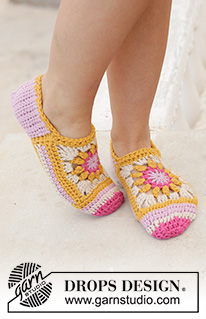 Himalayan Rose / DROPS 198-19 - Pantufas crochetadas com um quadrado flor e riscas, em DROPS Nepal. Do 35 ao 43