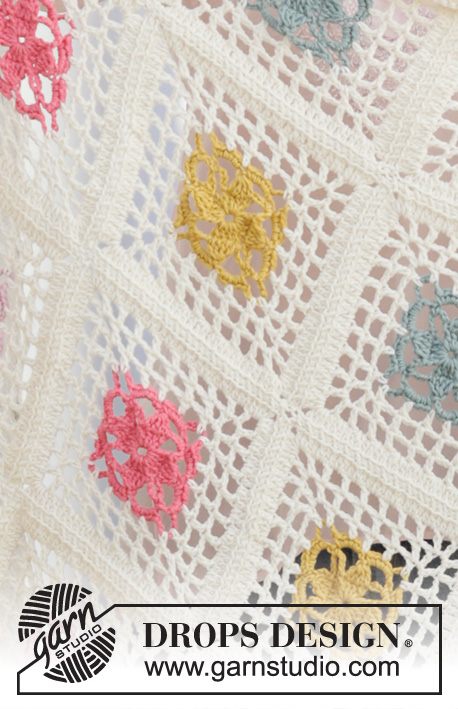 Garden Patches / DROPS 198-3 - DROPS Cotton Merino lõngast heegeldatud ruutudega tekk