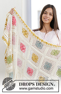 Garden Patches / DROPS 198-3 - DROPS Cotton Merino lõngast heegeldatud ruutudega tekk