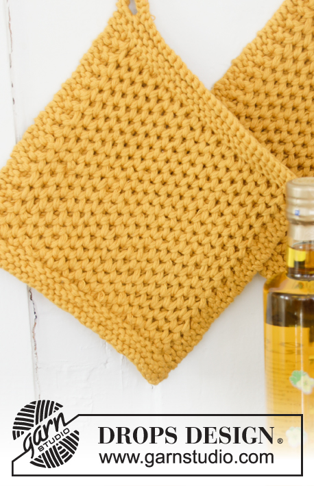 Sunny & Warm / DROPS 198-41 - Knitted pot holders in 2 strands DROPS Paris. Piece is knitted with waffle pattern.