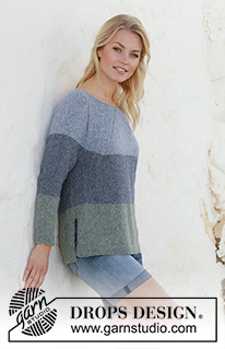 Sweet Nothing Jumper / DROPS 199-18 - Gestrickter Pullover mit Raglan in DROPS Sky. Die Arbeit wird von oben nach unten mit Streifen und Seitenschlitzen gestrickt. Größe S - XXXL.