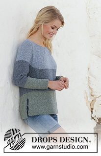 Sweet Nothing Jumper / DROPS 199-18 - Gestrickter Pullover mit Raglan in DROPS Sky. Die Arbeit wird von oben nach unten mit Streifen und Seitenschlitzen gestrickt. Größe S - XXXL.