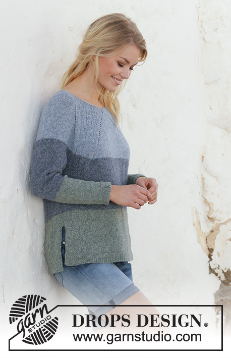 Sweet Nothing Jumper / DROPS 199-18 - Gestrickter Pullover mit Raglan in DROPS Sky. Die Arbeit wird von oben nach unten mit Streifen und Seitenschlitzen gestrickt. Größe S - XXXL.