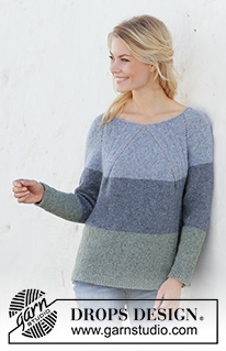 Sweet Nothing Jumper / DROPS 199-18 - Gestrickter Pullover mit Raglan in DROPS Sky. Die Arbeit wird von oben nach unten mit Streifen und Seitenschlitzen gestrickt. Größe S - XXXL.