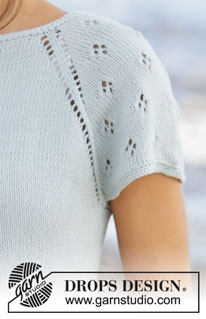 Rivage Top / DROPS 199-23 - Prjónaður toppur með laskaínu úr DROPS Safran. Stykkið er prjónað ofan frá og niður með gatamynstri á ermum. Stærð S - XXXL.