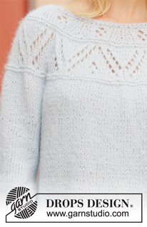 September Skies / DROPS 199-24 - Knitted sweater with round yoke in DROPS Air. The piece is worked top down with lace pattern and balloon sleeves. Sizes S - XXXL.