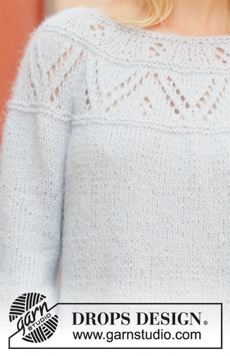 September Skies / DROPS 199-24 - Knitted sweater with round yoke in DROPS Air. The piece is worked top down with lace pattern and balloon sleeves. Sizes S - XXXL.