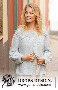September Skies Jacket / DROPS 199-28 - Gestrickte Jacke mit Rundpasse in DROPS Air. Die Arbeit wird von oben nach unten mit Lochmuster und Ballonärmeln gestrickt. Größe S - XXXL.